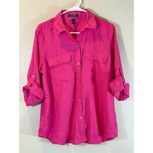 Lauren Ralph Lauren Roll-Tab-Sleeve 100% Linen Bright Pink Long Sleeve Shirt XL